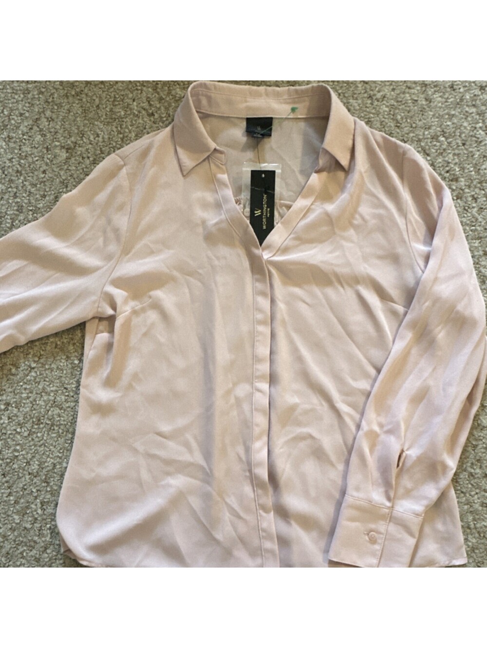 Worthington Petite PM Light Pink V-Neck Button Long Sleeve Blouse Women’s Top